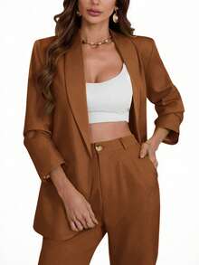 Aveloria Modichic Áo blazer cổ ve lật màu trơn, kiểu dáng thường ngày, thích hợp cho mùa xuân/thu. - Cà phê nâu - Xem 4
