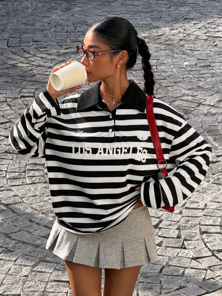 Muchica 女士休闲黑白条纹字母印花T恤，适合外出、返校、街头风、Y2K风格、春季穿着，条纹长袖，图案T恤 - 黑與白 - 查看 1