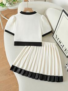 少女春夏V领蝴蝶结水钻纽扣上衣搭配高腰百褶迷你裙套装，优雅时尚，适合日常穿着、派对和通勤。 - 彩色 - 查看 2