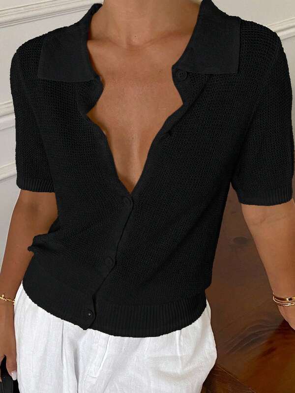 Strévra Blusa de punto de manga corta con cuello vuelto y escote en V casual de verano para mujer