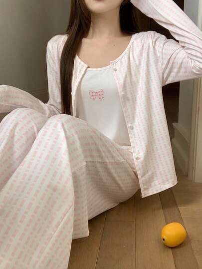 DAZY 3pcs Women's Slim Fit Allover Print Cardigan, Camisole And Straight Leg Pants Pajama Set, Spring