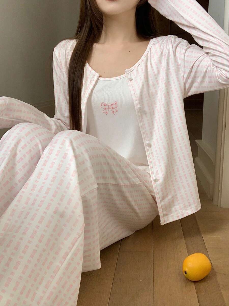 DAZY 女士修身印花开衫、吊带背心和直筒裤睡衣三件套，春季款 - 粉色 - 查看 1