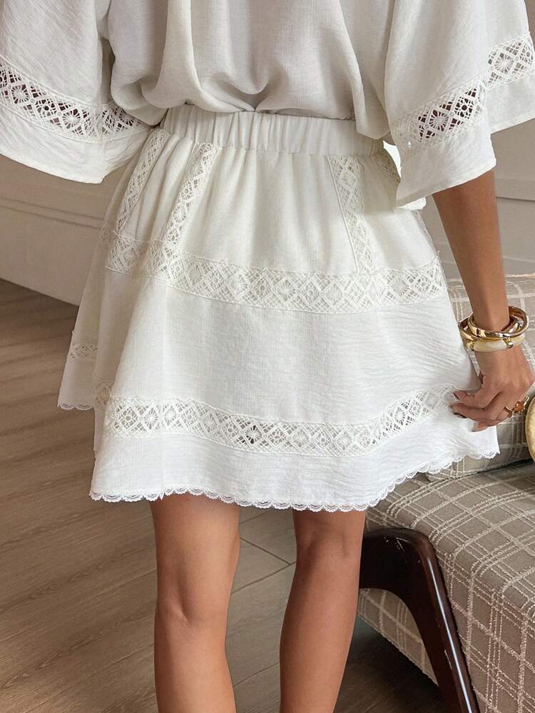 Women's Lace Patchwork A-Line Elastic Waist Skirt, Girly Style, Spring/Summer