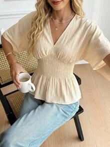 BizChic Áo kiểu nữ mùa xuân/hè mới, màu mơ, kẻ sọc dọc, tay raglan nhún bèo, eo chun, gấu áo xếp ly, tôn dáng. - Nhiều màu - Xem 3