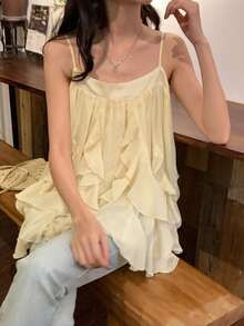 DAZY Women's Solid Color Chiffon Ruffle Trim Casual Vacation Summer Camisole - Yellow - View 5