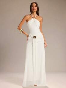 SHEIN BAE Đầm chữ A màu trắng trơn dành cho nữ, kiểu cổ yếm buộc dây eo, trang trí khóa kim loại, thích hợp cho đám cưới. - trắng - Xem 3