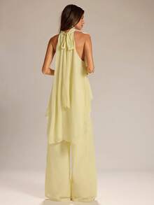 SHEIN BAE Spring/Summer Solid Yellow Halter Neck Sheer Asymmetrical Sleeveless Tank Top & Linen Wide Leg Pants, Casual 2-Piece Set Minimalist 2-Piece Set - Yellow - View 2