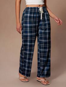 Lazeform Calça feminina casual, solta e reta, com amarração na cintura, canelada e com estampa xadrez. Confortável e versátil, ideal para primavera e verão. - Azul - Ver 3
