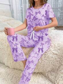 SHEIN Pink Butterfly Print Short Sleeve Pajama Set - Multicolor - View 6