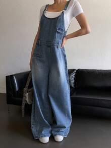 Livesso Women's Pocket Design Loose Casual Denim Jumpsuit - Dark Wash - View 5