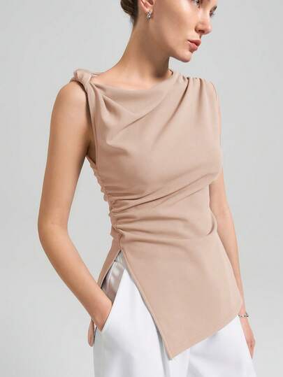 Ontre 2026 Nueva camiseta elegante con hombros retorcidos para mujer, con abertura lateral y cintura fruncida, camiseta casual de negocios para vacaciones, fiestas de cumpleaños, uniformes de maestros, básica, para exteriores, para oficina