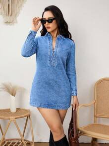 SHEIN LUNE 女士纯色简约长袖牛仔连衣裙，休闲日常穿着 - 淺色水洗藍 - 查看 4