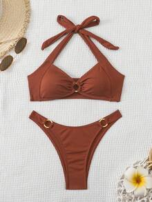 Swim Basics 夏季沙滩女士纯色挂脖式文胸和泳裤比基尼套装泳衣棕色比基尼两件式比基尼 - 紅木色 - 查看 5
