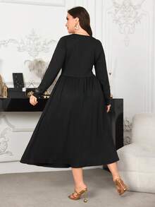 Modelyn Plus Size Women's V-Neck Fitted Rhinestone Decor Waist Cinched Textured Knit Dress, Casual For Spring/Summer - Black - View 2