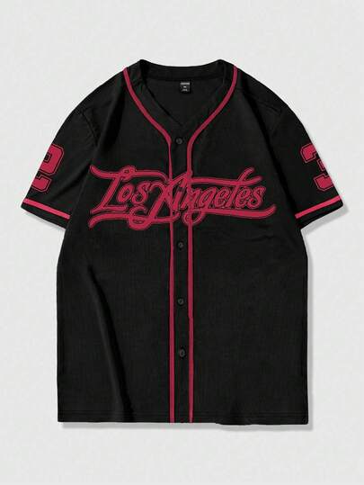 ROMWE MEN Prep Men's Letter Print Single-Breasted Casual Loose Short Sleeve Shirt