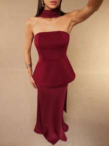 Silquee 两件套浪漫纯色红色、酒红色、亮红色短款吊带连衣裙，搭配荷叶边迷你裙，鱼尾裙摆设计，适合外出、毕业典礼、音乐会、伴娘礼服、婚礼及其他浪漫场合，简约风格，优雅日常穿着，伴娘礼服，晚宴、俱乐部、正式派对、浪漫约会装扮 - 酒紅色 - 查看 6