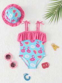 Infant & Baby GirlCute Flamingo Print Knit Fabric Swimsuit Set With Swimming Cap, Suitable For Summer Vacation Swimming - Pink - View 3