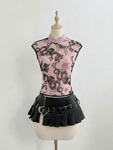 Elamini Elegant Luxury Women's Chinese Dragon Print Cap Sleeve Top - Pink - View 3