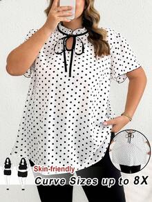 SHEIN CURVE+ Áo sơ mi tay ngắn chấm bi cỡ lớn, thời trang mùa hè, trang phục công sở thường ngày cho nữ/2026/năm mới - Đen và trắng - Xem 8