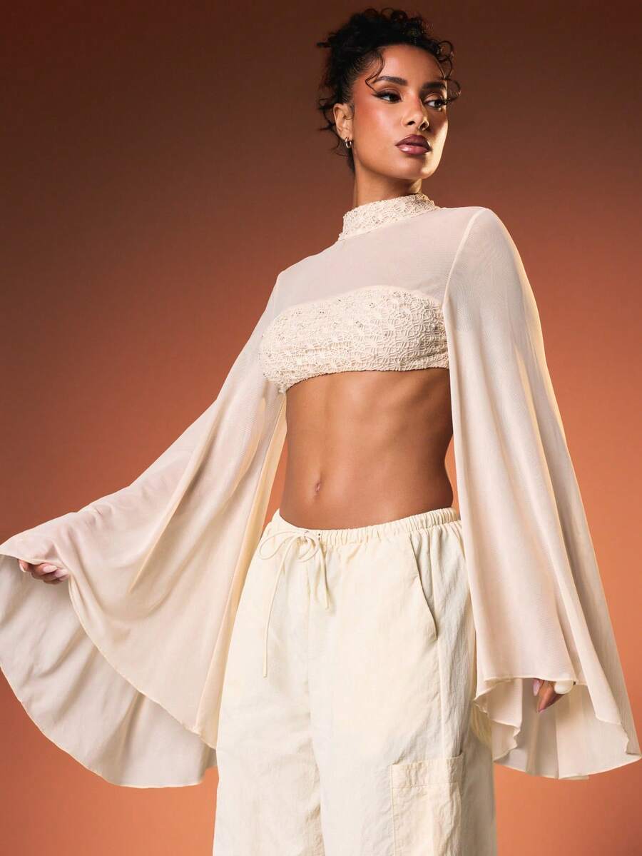 MISSGUIDED Super Crop Top With Extra Long Waterfall Sleeves High Neck Lace Trim Detail Chiffon Blouse Fall Winter Fashion - White - View 1