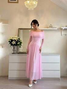 Firerie 女士浅粉色V领露肩长袖褶皱A字长裙，弹性网纱拼接，浪漫婚礼宾客礼服，伴娘礼服，长袖连衣裙，适合春、夏、秋、冬四季穿着，优雅百搭，通勤、约会、派对、婚礼、毕业典礼、演出、工作、返校、年会、生日、假日等场合皆宜。 - 淺粉色 - 查看 5