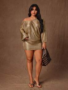 Rustia Plus Size Women's Gold Sequin Sexy Party Dress - Gold - View 3