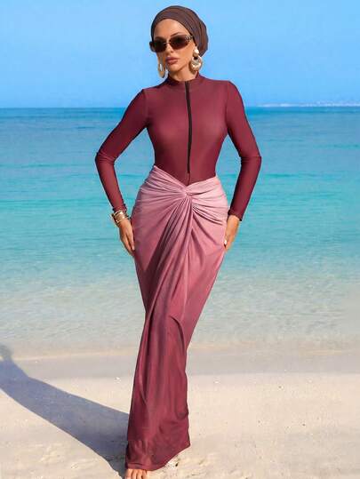 Swim Mulvari Women's 4-Piece Set: One-Piece Solid Color Zipper Jumpsuit With Pants, Paired With Ombre Print Drawstring Skirt And Ombre Mesh Shawl, Burkini Swimwear Set For Beach Vacation