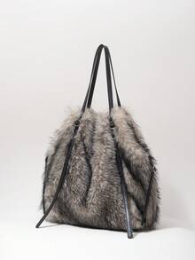 ROMWE Grunge Punk Ladies, Women Shoulder Bag,Hobo Bag,Plush Bag,Faux Fur,Plush,Fur & Fuzz,Fashionable,Personalized,Versatile,Street,Sweet And Cool Girls,Hot Girls,Y2k,Punk,Autumn And Winter(Random Pattern) - Black apricot - View 2