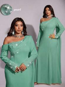 Viva Relle Abito da donna elegante e glamour con mantella in chiffon con decorazioni di strass sulla spalla obliqua, stile sirena, adatto per il Capodanno e San Valentino, taglie comode - Verde - Visualizzare 1