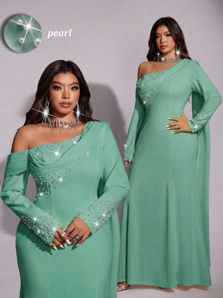 Viva Relle Abito da donna elegante e glamour con mantella in chiffon con decorazioni di strass sulla spalla obliqua, stile sirena, adatto per il Capodanno e San Valentino, taglie comode - Verde - Visualizzare 1