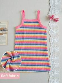 SHEIN Baby Girls Rainbow Striped Elastic Cute Sleeveless Dress, Spring/Summer - Pink - View 3