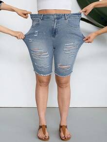 SHEIN CURVE+ 大码做旧毛边斜插口袋修身牛仔短裤 - 中等水洗藍 - 查看 5