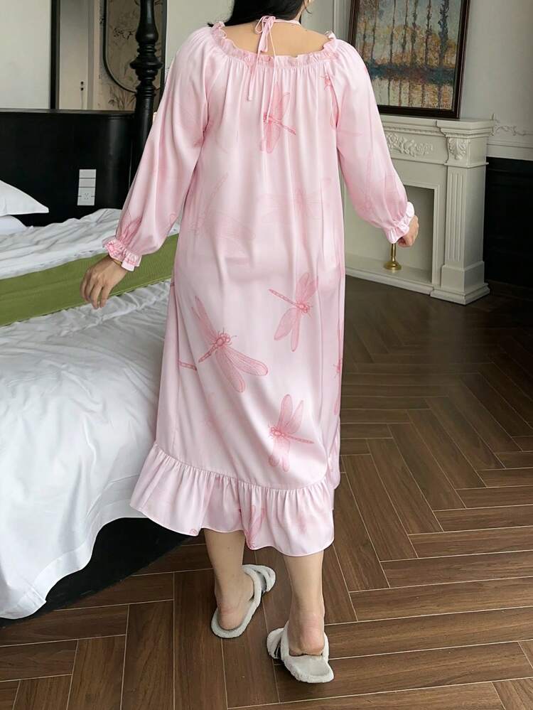 Dazy Plus Plus Size Women's Spring/Autumn Dragonfly Print Ruffle Halter Neck Flare Sleeve Loose Nightgown