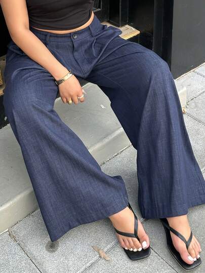 Dazy Plus 大码女式纯色褶皱阔腿宽松休闲裤