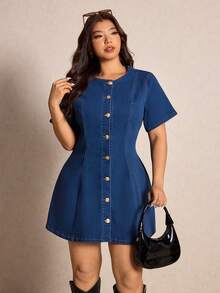 Elaquor Đầm denim dáng rộng tay ngắn cổ tròn cài một hàng khuy dành cho nữ cỡ lớn - Rửa trung bình - Xem 5