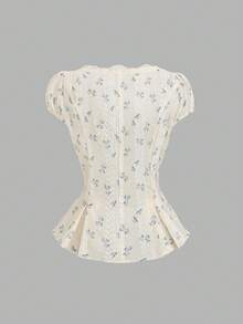 Sweetra Women's Sweet & Cute Casual Daily Wear Fashion Versatile Embroidered & Printed Fabric Splicing Lace Trim Waist V-Neck Short Sleeve Cropped Blouse, Spring/Summer - Multicolor - View 2