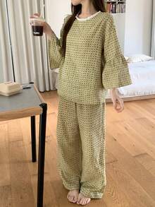 DAZY 2件套女士格子蕾丝拼接宽松七分袖直筒长款睡衣套装，夏季 - 綠色 - 查看 9