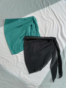 Swim Basics 2pcs/Set Women 2026 Vacation Solid Color Coverup & Mini Skirt - Green - View 2