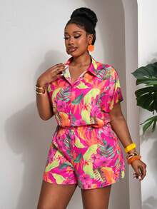 Slaydiva 新款休闲度假宽松纹理女式加大码衬衫，纽扣前襟搭配打结短裤套装，夏季 - 玫紅色 - 查看 6