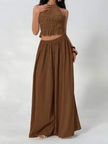 Aloruh Summer Loose Textured Casual Pants - Brown - View 6