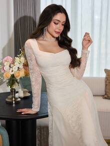 Modelyn Apricot Lace Ruffle Long Sleeve Mesh Patchwork Backless Tie Elegant Mid-Length Dress For Women - Apricot - View 6