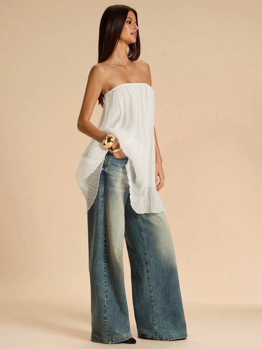 SHEIN BAE Áo camisole nữ xếp ly, nhún bèo, dáng rộng, mỏng nhẹ, thanh lịch, màu trắng, có thể mặc được cả khi mặc riêng, thích hợp cho mùa xuân/hè. - trắng - Xem 1