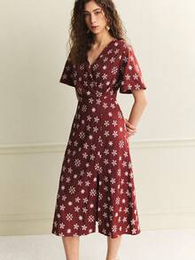 Écloséra French Dress Romantic Dress V-Neck Dress A Swing Dress Embroidered Dress Contrasting Dress Heavy Industry Dress Spring And Summer Dress - Brown - View 2