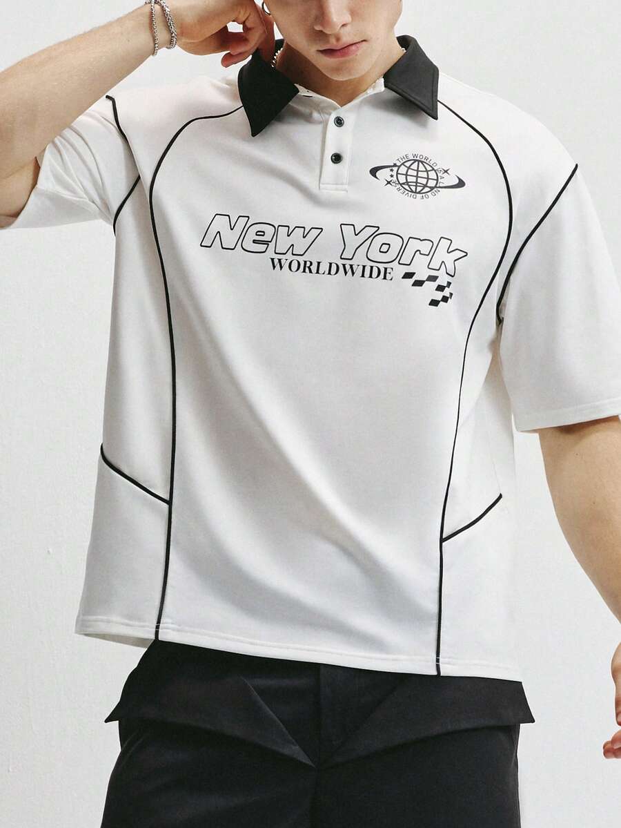 TOKVUE Áo Polo nam thời trang thường ngày phối màu tương phản in hình New York - Nhiều màu - Xem 1