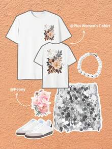 SHEIN EZwear Kỳ nghỉ, Mùa xuân, Trang phục nghỉ dưỡng Áo thun ngắn tay in hoa mùa xuân - trắng - Xem 4