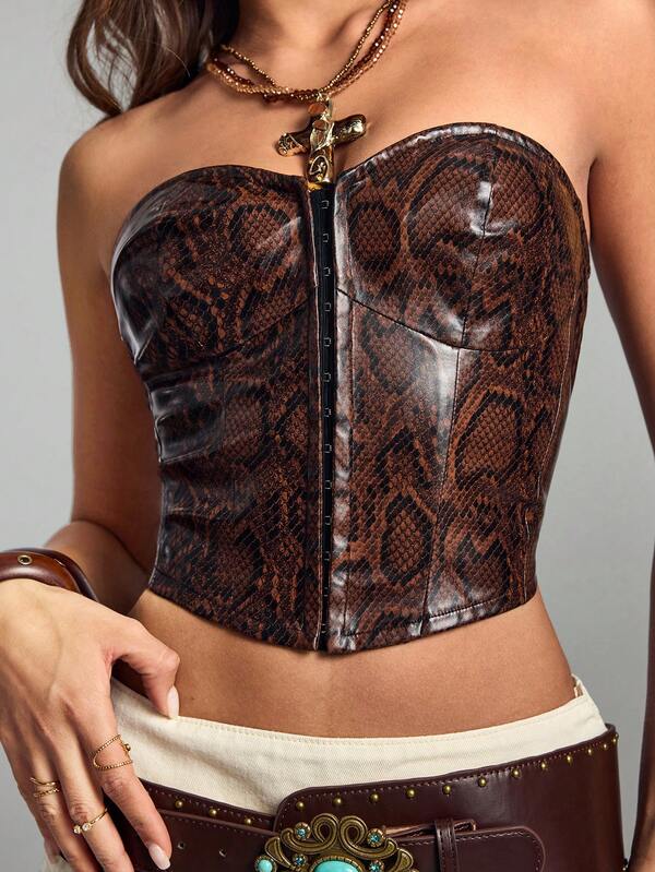 ROMWE Hippie Women's Y2K Western Music Festival Snake Skin PU Fabric Bandeau Crop Top