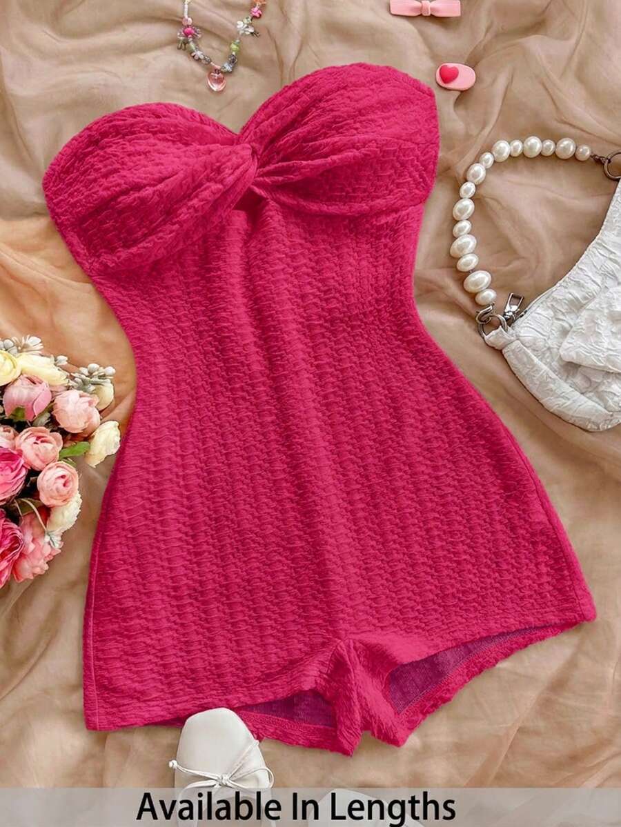 SHEIN PETITE CURVE Áo liền quần quây ngực màu trơn dáng rộng, cỡ lớn, kiểu xoắn. - Màu Hồng Tươi - Xem 1