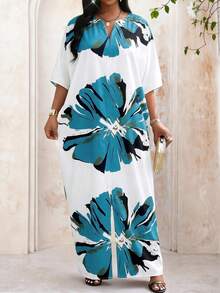 Fleurora Plus Size Casual Floral Print V-Neck Batwing Sleeve Maxi Dress,Women's White Summer Boho Flowy Vacation Holiday Beach Caftan,Tropical Resort Outfits - Multicolor - View 4