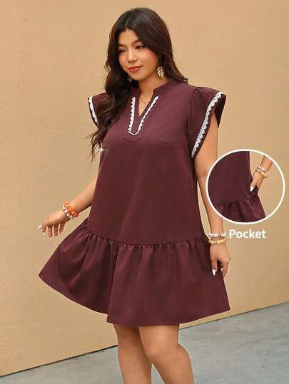 Elaquor Plus Size Women V-Neck Ruffle Trim Casual Dress With Flutter Sleeves Plus Casual Dress Ruffle Trim Dress Curve Casual Dress Curve Dresses Plus Size Dress Spring Outfit Women Spring Dress For Women