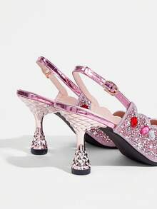 CUCCOO TILAWA Fashionable High Heels Designed For Women, Elegant Pointed Toe Style, Sexy Stiletto Heel Suitable For All Seasons, Shallow Backless With Rhinestone Decor Suitable For Various Stylish Outfits - Pink - View 4